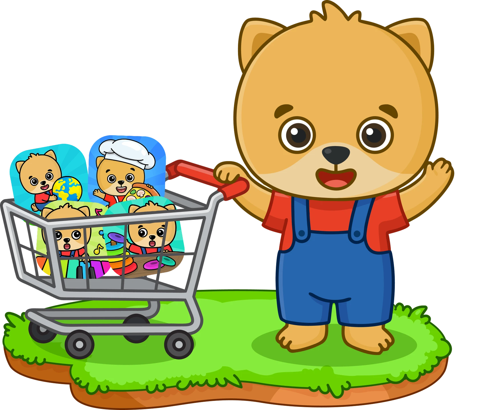 Bimi Boo with a shopping cart full of Bimi Boo apps