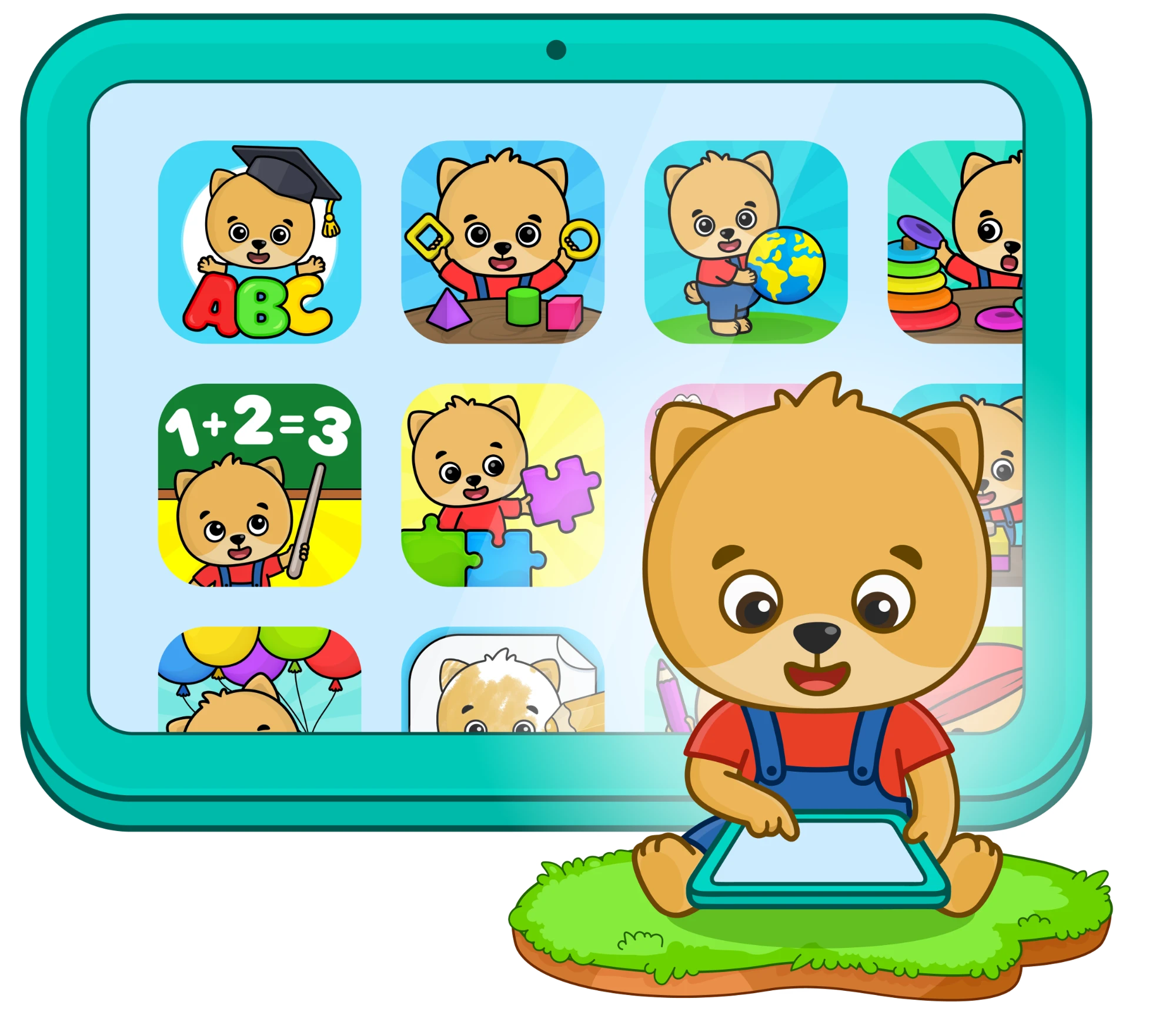 Bimi Boo with a tablet full of Bimi Boo app icons